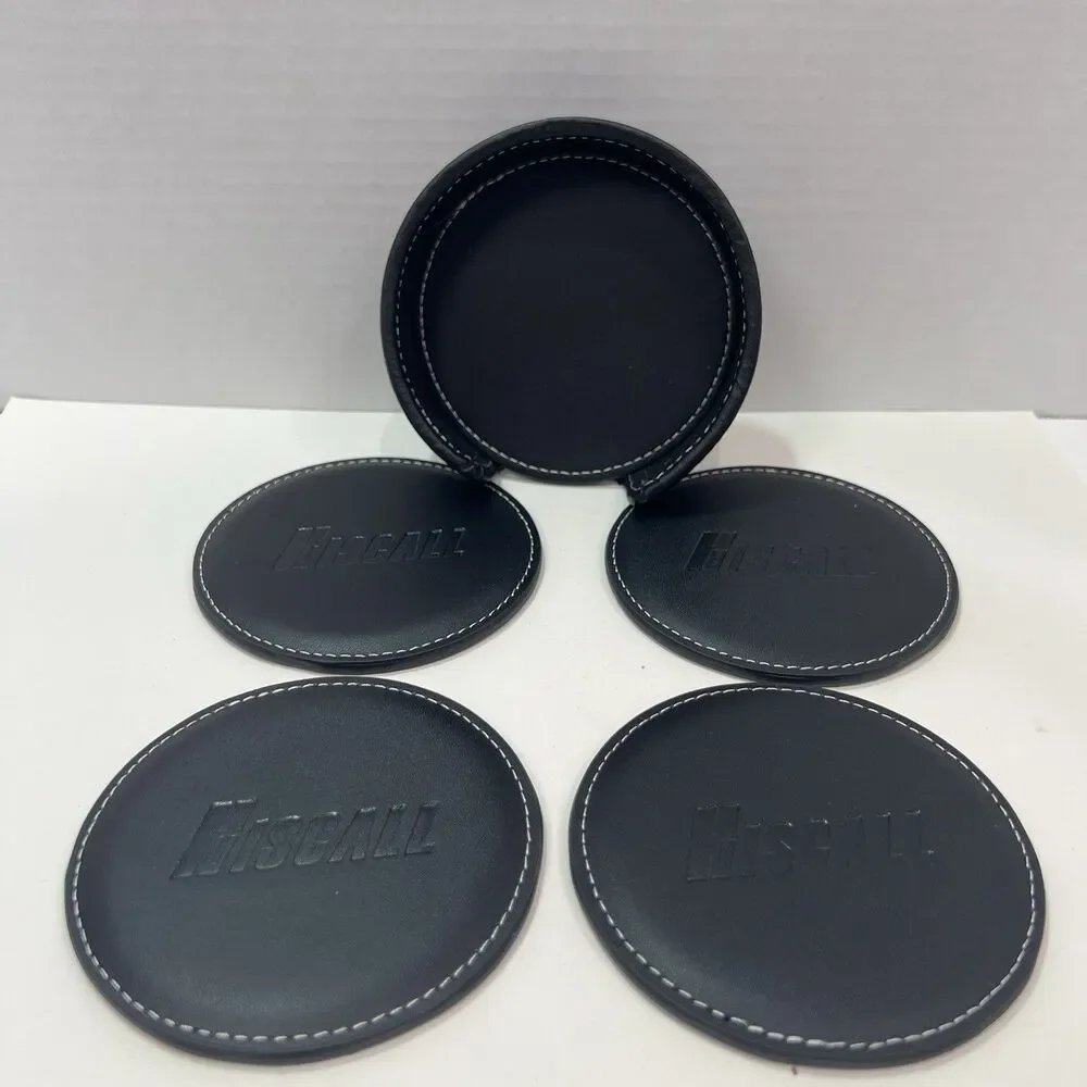 Bonded Black Leather 4 Coaster Set With Holder Embossed HisCall White Stitching